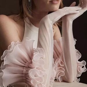 Sleeper Zephyr Ruffle Long Gloves Sheer  White Pink Rose All One Size
